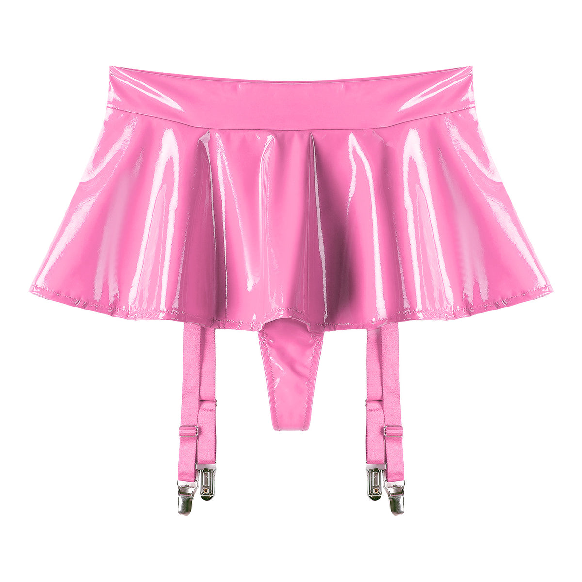 Sexy Women Wetlook PVC Leather Ruffled Skirts Party Low Waist Built-in Thongs Mini Skirt with Garter Belts Metal Clips Set Club