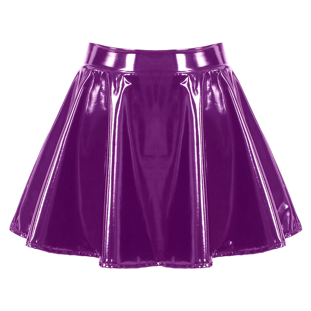Sexy Women Wetlook PVC Leather Ruffled Skirts Party Low Waist Built-in Thongs Mini Skirt with Garter Belts Metal Clips Set Club