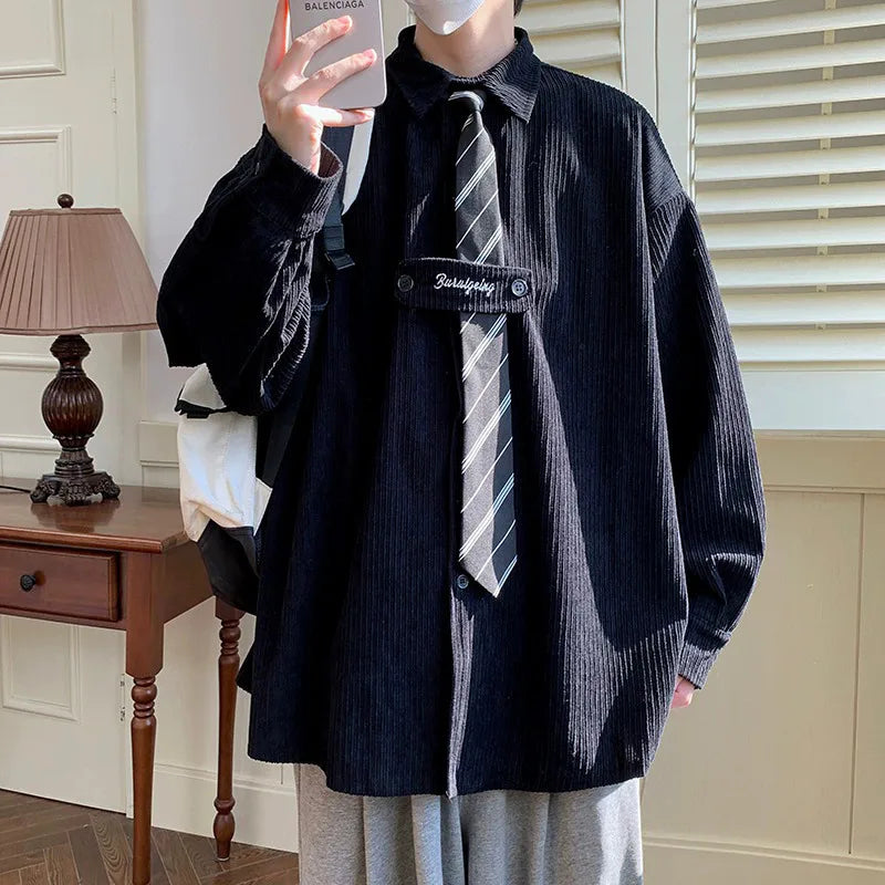 Velvet Shirt Men 2025 Autumn New Vintage Long Sleeve Casual Shirts Fashion Streetwear All-Matching Bottoming Necktie Blouses