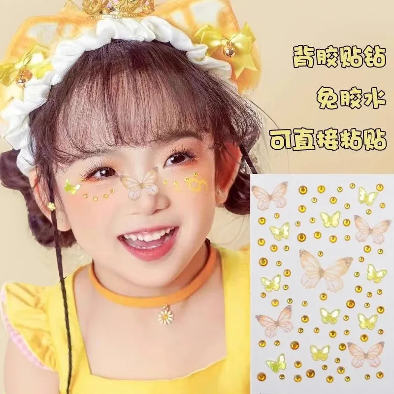 3D Cute Facial Stickers Kid Stage Makeup Self-Adhesive Butterfly Crystal Diamond Stickers Christmas Halloween Gift For Kids