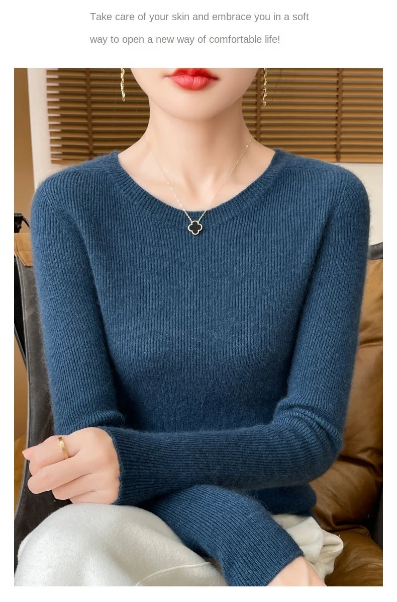 Early Fall New Crew-Neck Sweater Elegant High Elastic Simple Solid Color Thin Knit Crew-Neck Sweater Long Sleeve-GH458