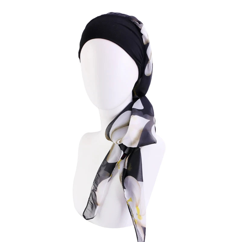 New Muslim Women Hijab Head Wrap Pre-Tied Headwear Cancer Chemo Flower Printed Elastic Turban Cover Hair Loss Head Scarf Bandana