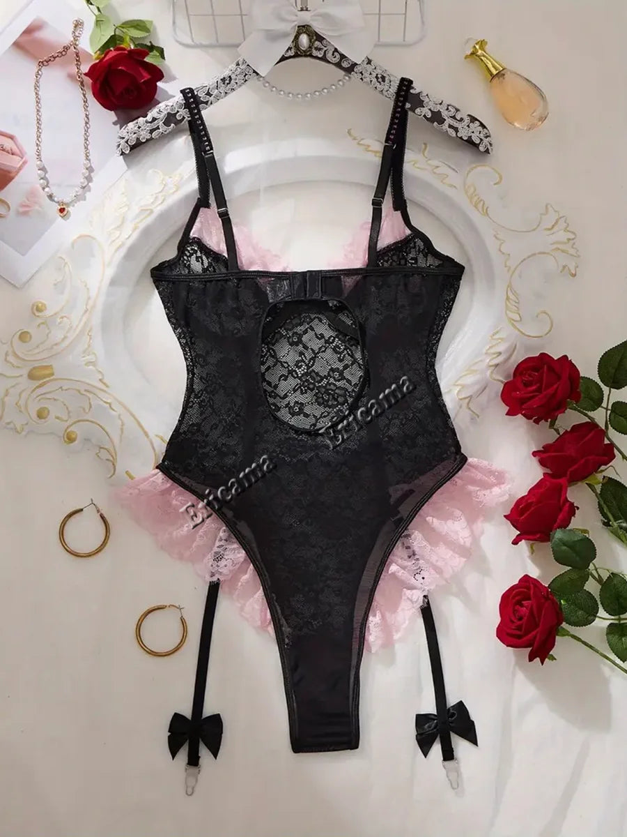 Sexy Crotchless Lingerie Women Hollow Sexiest Bodysuit Erotic Costumes Baby Doll Dress Elastic Porn Underwear Open Crotch Outfit