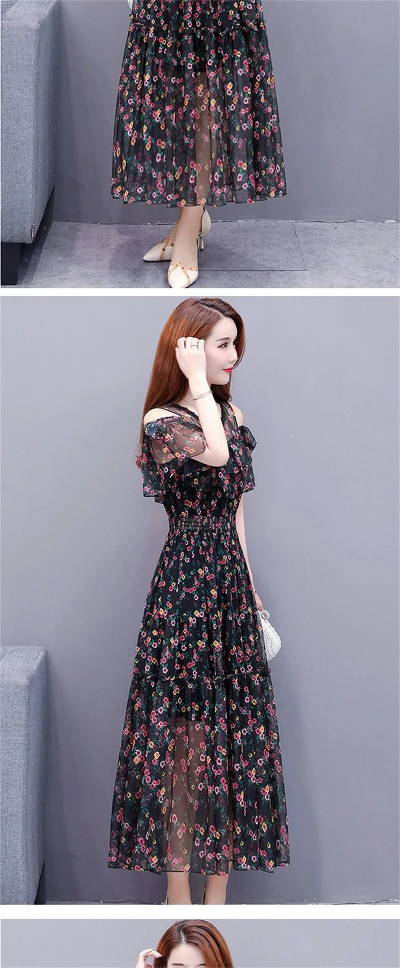 Mesh Chiffon Floral Print Dress Women 2024 New Summer Bohemian Beach Dress Long Off Shoulder Sexy Lady Party Dresses Vestidos