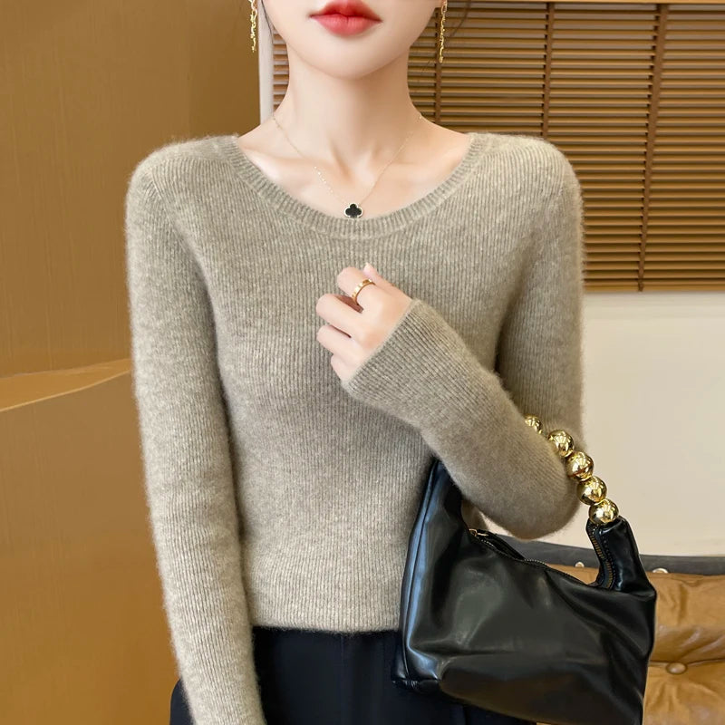 Early Fall New Crew-Neck Sweater Elegant High Elastic Simple Solid Color Thin Knit Crew-Neck Sweater Long Sleeve-GH458