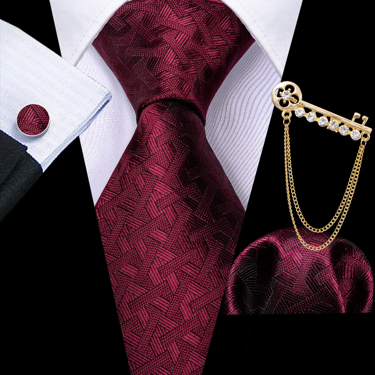 Burgundy Mens Tie Hanky Cufflinks Brooch Set Jacquard Red Wine Maroon Necktie Collar Pin For Male Wedding Events