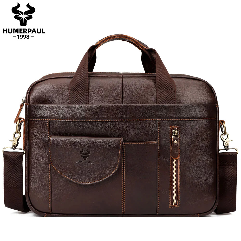 HUMERPAUL Men's Briefcase Bag Top Layer Leather Handcrafted Laptop Bag with Multiple Compartments Business Shoulder Messenger