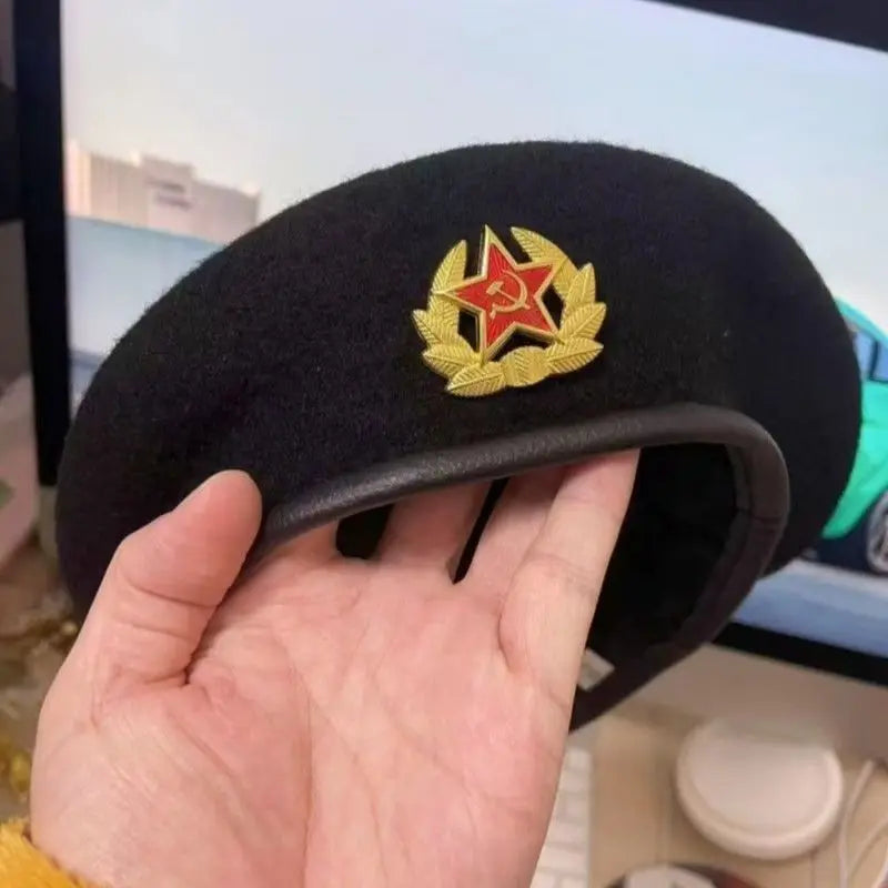Russian Style Military Wool Beret - Soviet Airborne Hat with Embroidered Patch, Vintage Army Cap for Men Women