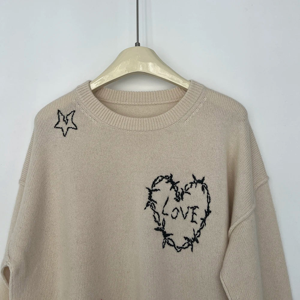 Rowan M538 Letter Jacquard Knit Pullover Winter O-Neck Long Sleeve Buttons Female Sweater Classic Casual Lady Top 2026