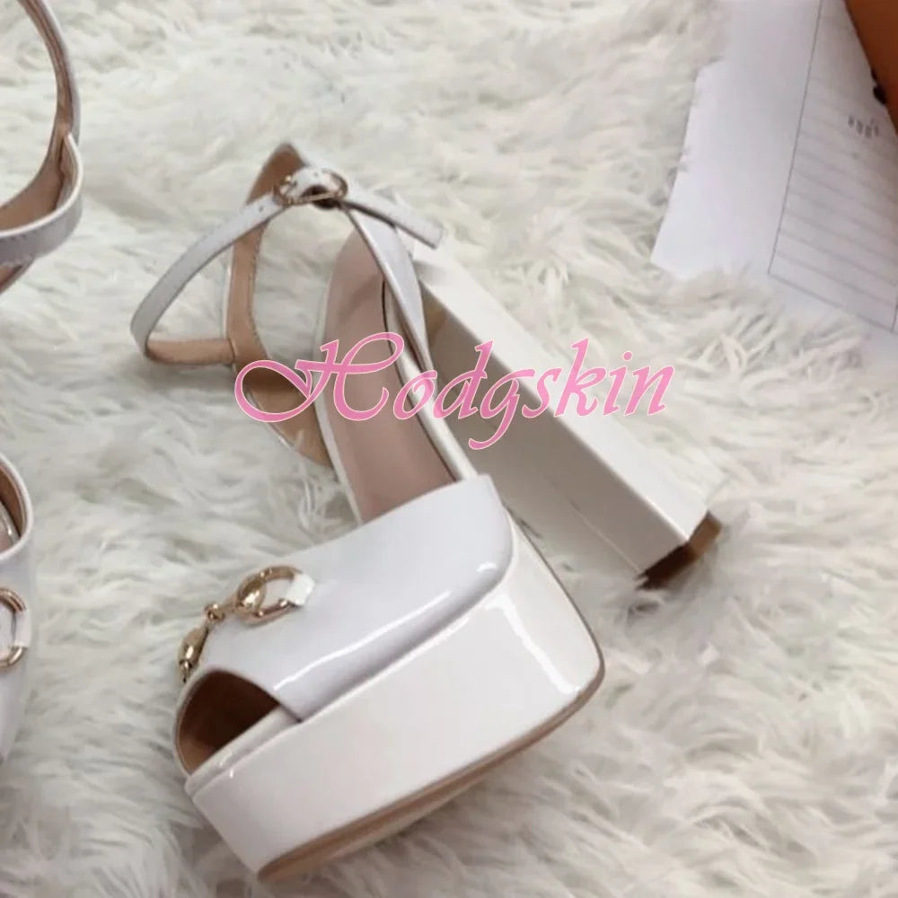 Peep Toe Platform Patent Sandals Chunky High Heels Solid Ankle Buckles Strap Design Women Shoes Super Heel Big Size Party Sandal