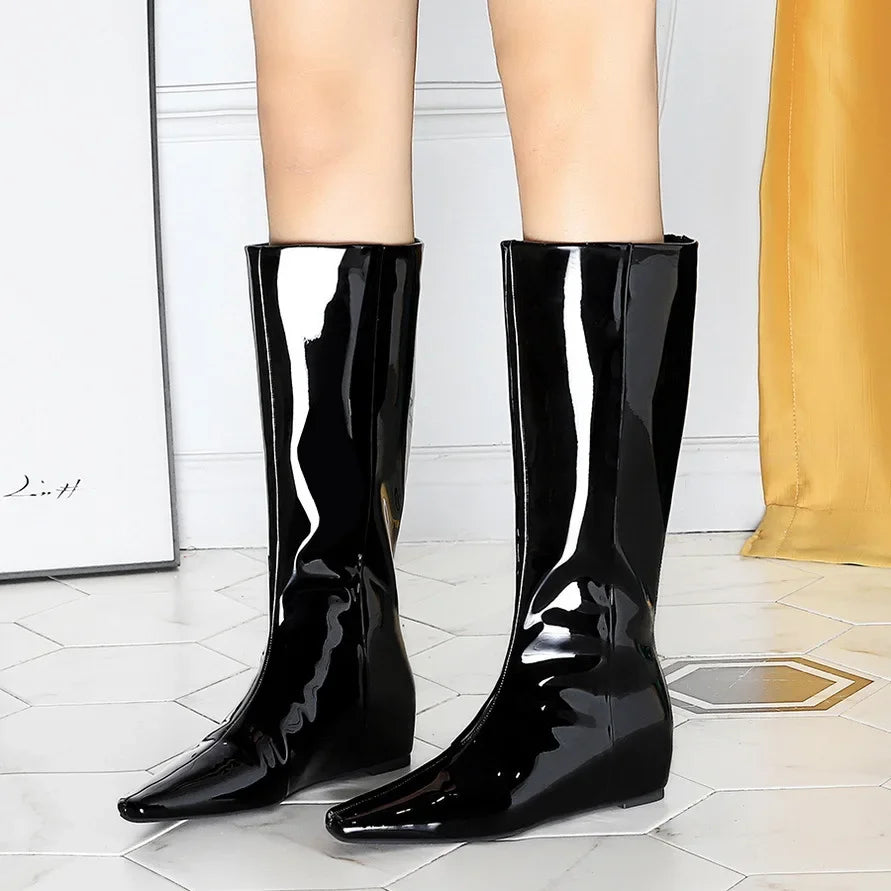 BIGTREE New Black Wedge Heels Women Modern Boots Female Shoes 2025 Fashion Luxury Pointed Toe Ladies Long Knee Western Boots