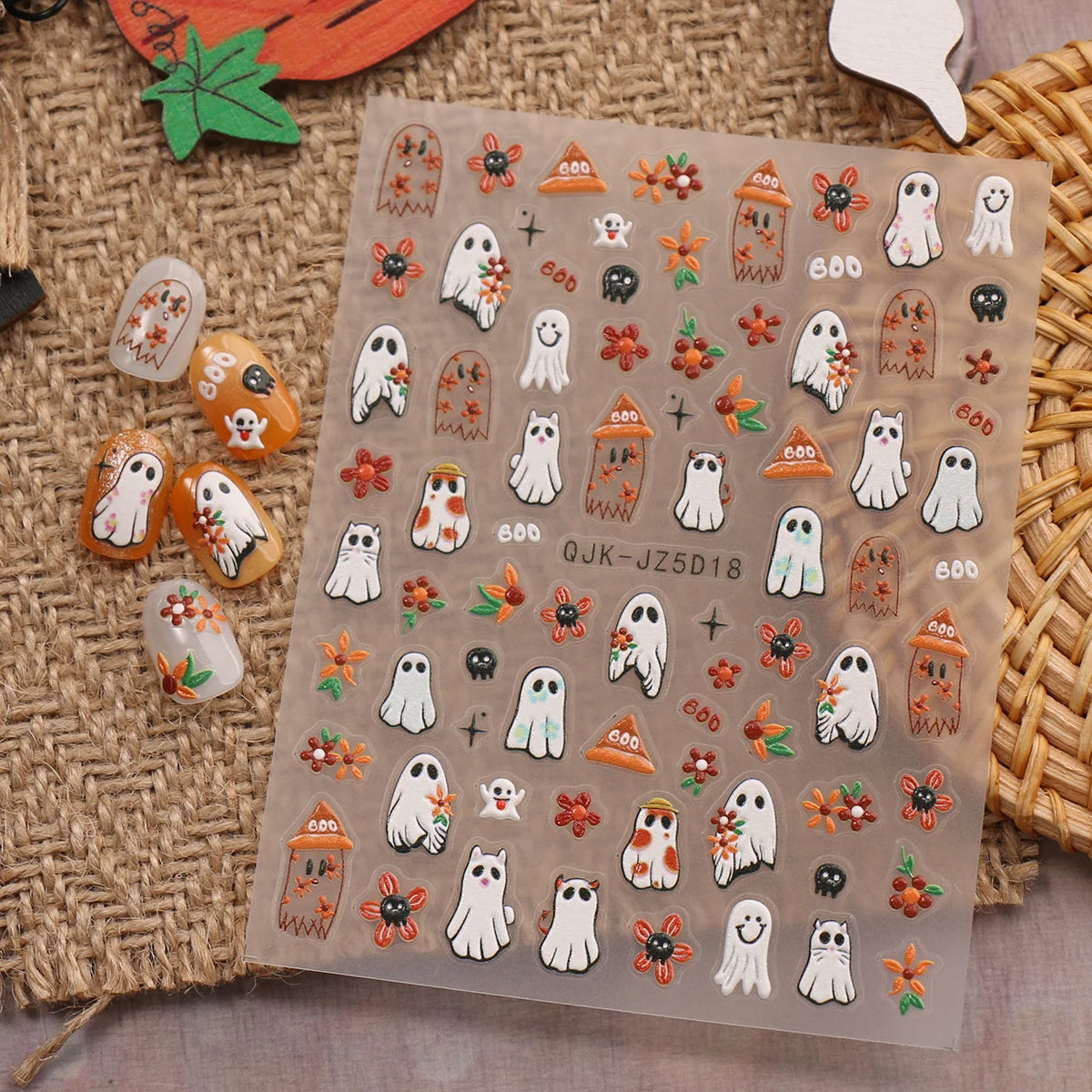 Halloween Day of the Dead 5D relief nail stickers, funny ghost pumpkin pattern nails, DIY art design nail artist supplies
