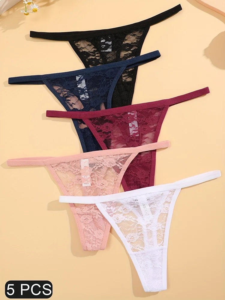 5PCS/Set Sexy G-String Women Floral Lace Thongs Transparent Low Waist Thong Female Underpants Comfort Underwear Sexy Lingerie