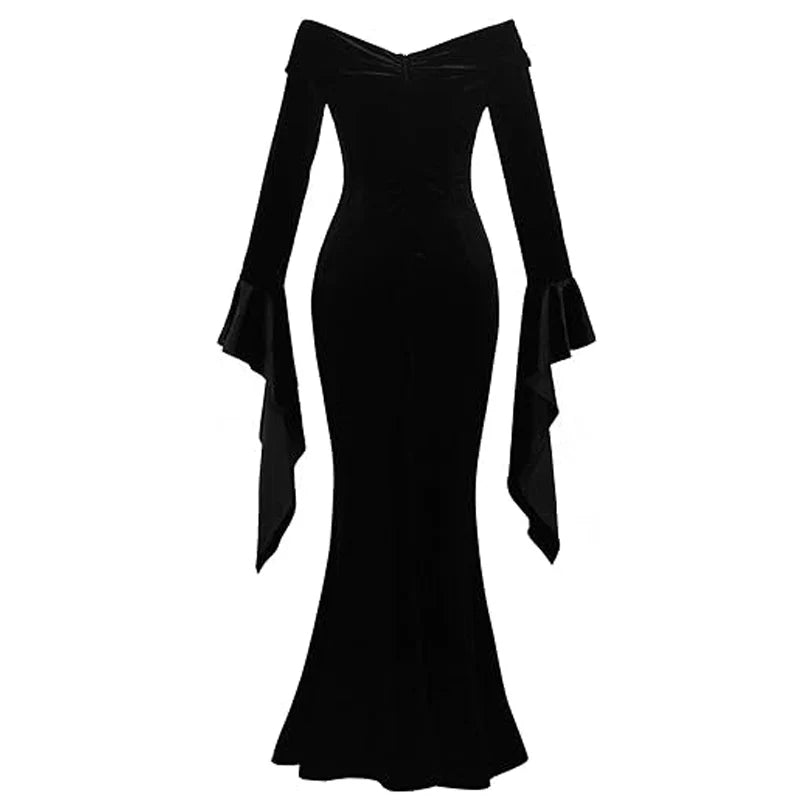 Party Sexy Dress Back Slit Cold Shoulder Women Morticia Addam Evil Halloween Costume Black Gothic Wednesday Outfit For Adult
