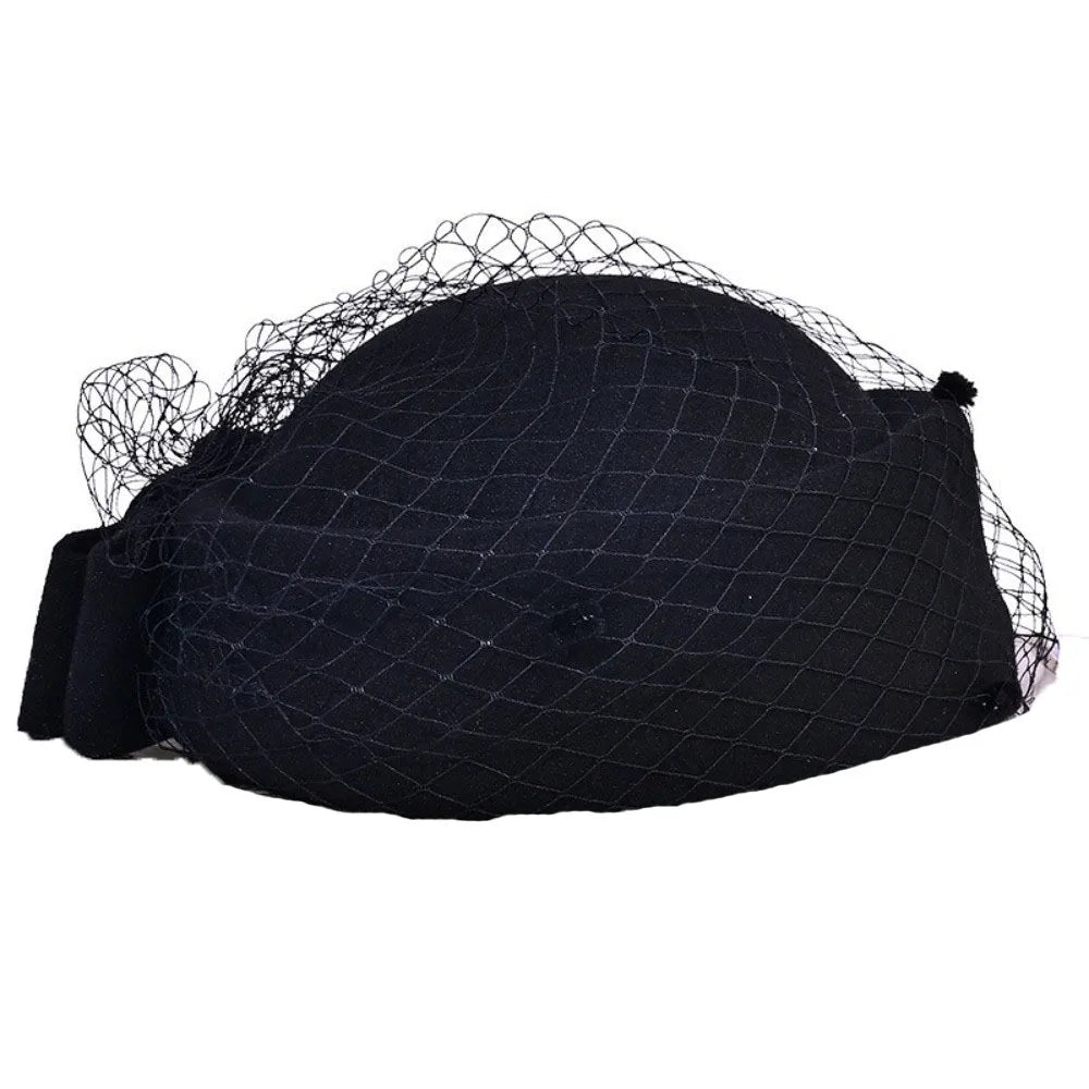 Sweet Mesh Wool Bow Hat with Veil Solid Color British Style Stewardess Cap Photography Decoration Woolen Pillbox Hat Headwear