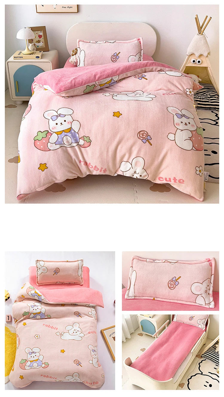 Baby Cartoon Print Bedding Set Duvet Covers Pillowcases Set Autumn Winter Warm Suede Bedclothes Bed Linen CP29