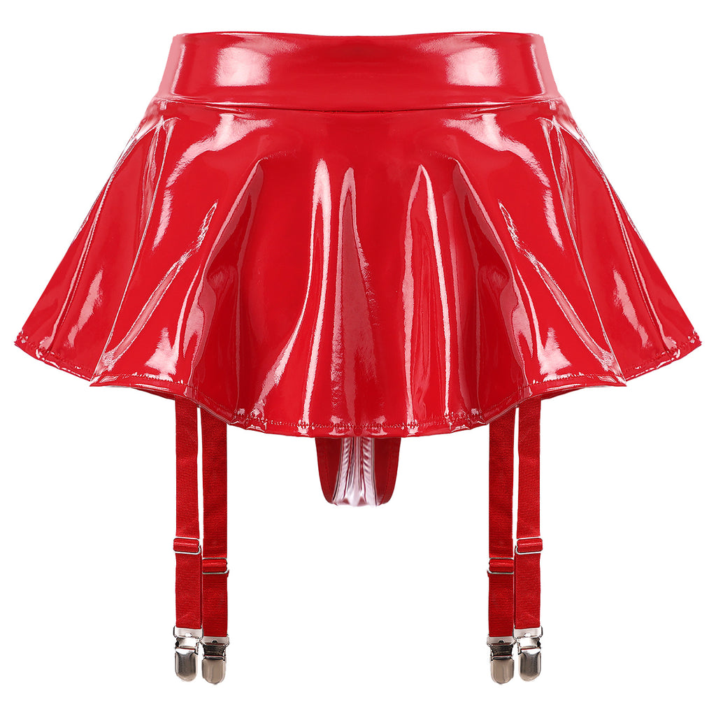 Sexy Women Wetlook PVC Leather Ruffled Skirts Party Low Waist Built-in Thongs Mini Skirt with Garter Belts Metal Clips Set Club