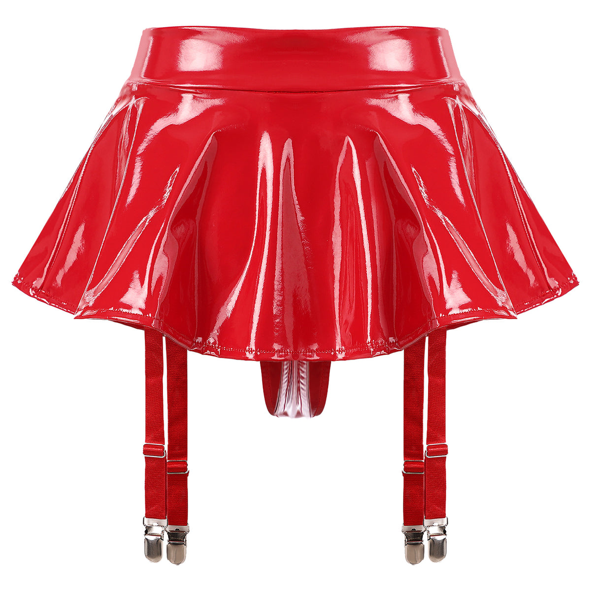 Sexy Women Wetlook PVC Leather Ruffled Skirts Party Low Waist Built-in Thongs Mini Skirt with Garter Belts Metal Clips Set Club