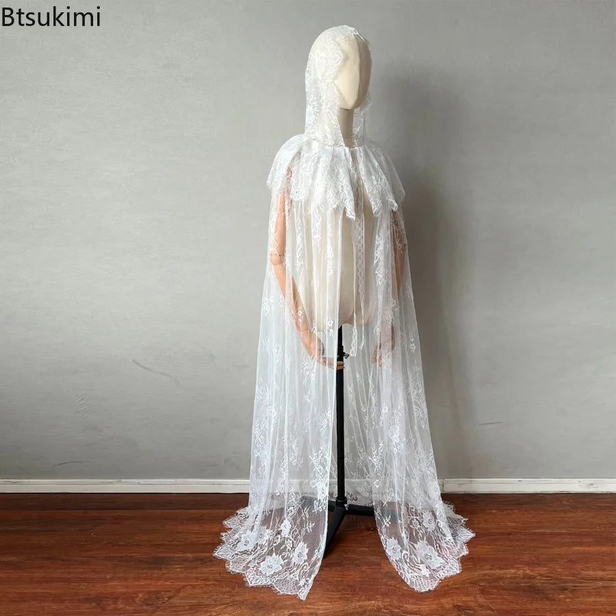 Halloween Medieval Women Lace Lace Up Hooded Cloak Elegant Black White Bride Shawl Party Witch Wizard Cosplay Costumes Clothing