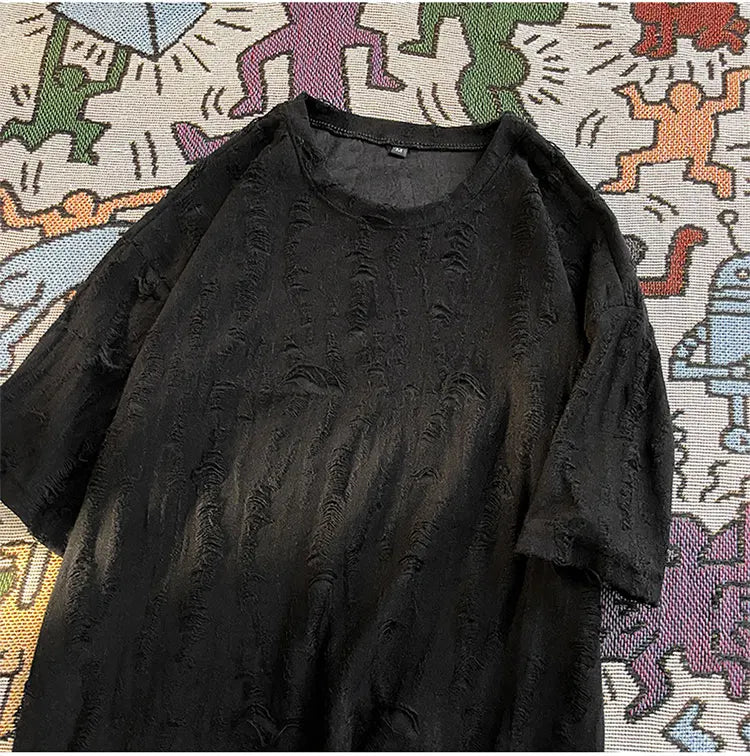 Ripped T-shirts Men Hole Y2k Tops Streetwear Summer O-neck Clothing Hip Hop Fashion Teens American Retro Vintage Футболки Baggy
