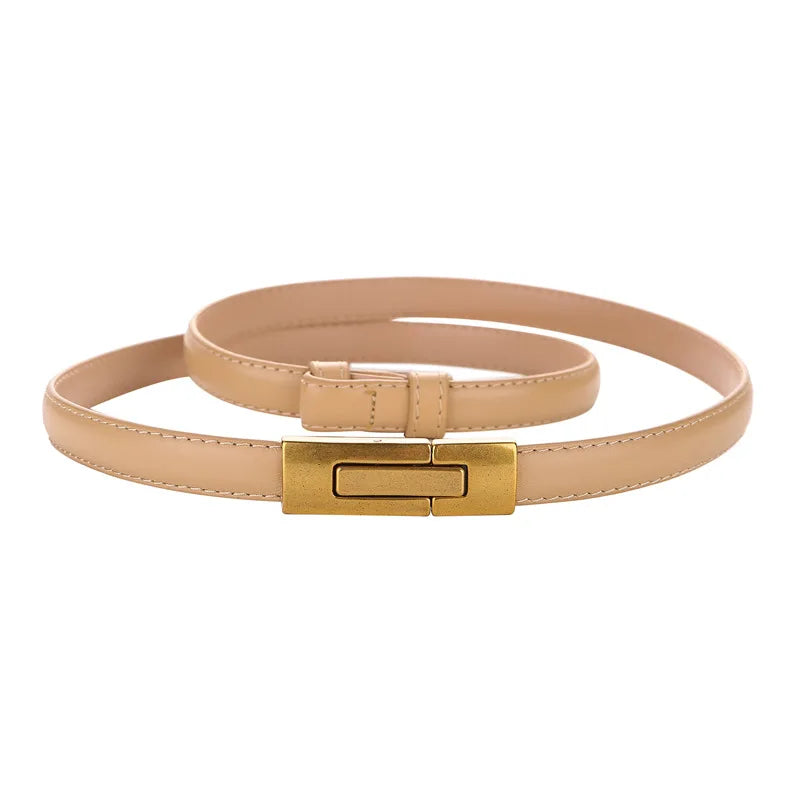 Women Skinny Genuine Leather Slim Belt Adjustable Alloy Buckle Waist Belt for Dress