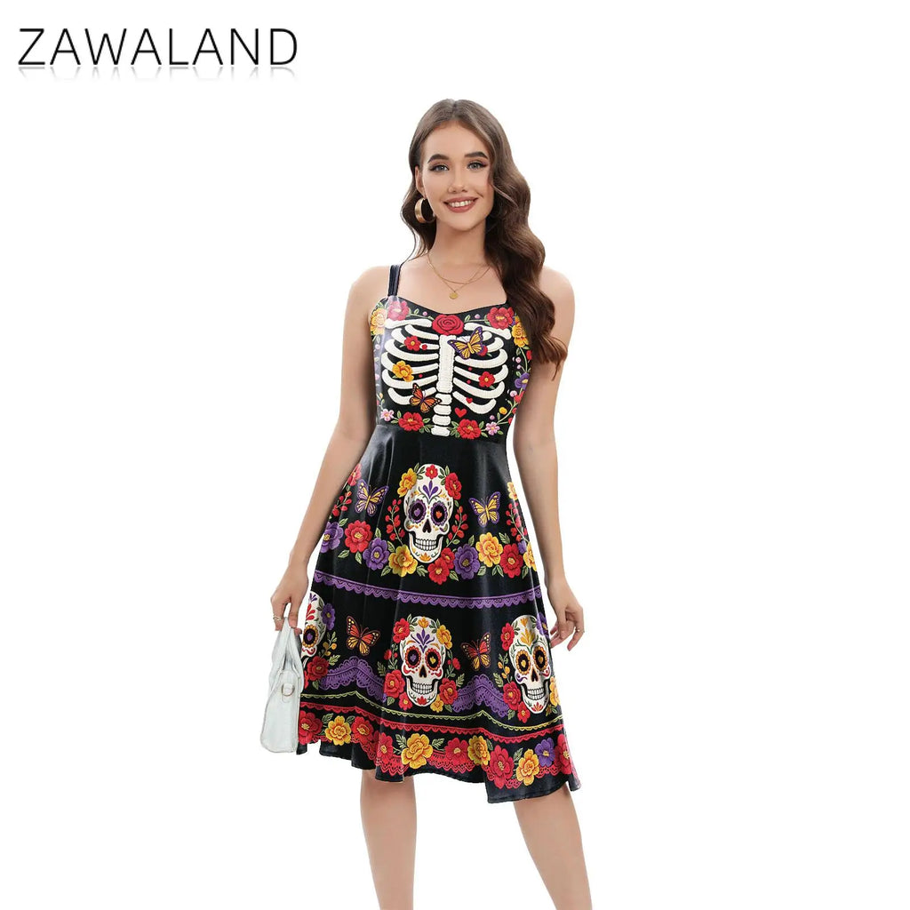 Halloween Dia De Los Muertos Floral Skull Dress Sugar Skull Print Dresses Mexican Festival Bar Night Group Cosplay Dress Up