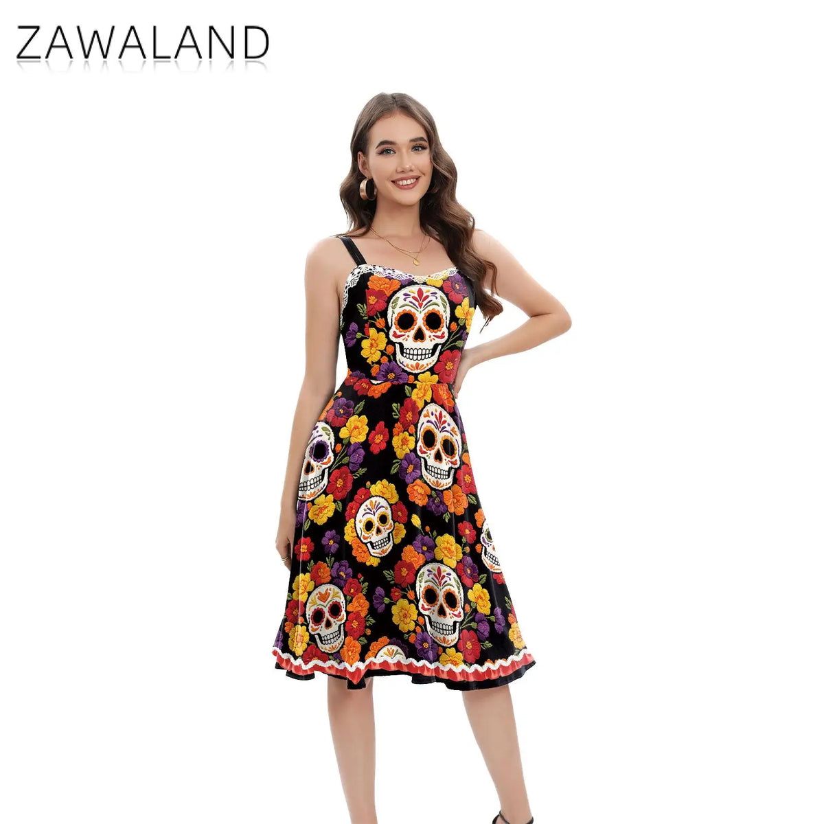 Halloween Dia De Los Muertos Floral Skull Dress Sugar Skull Print Dresses Mexican Festival Bar Night Group Cosplay Dress Up