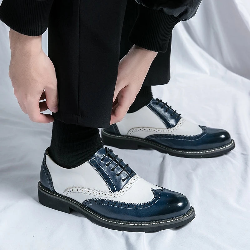 British Men's Trendy Shoes Handmade Sole Brogue Shoes Fashionable Blue Men's Leather Casual Shoes Versatile Free Delivery