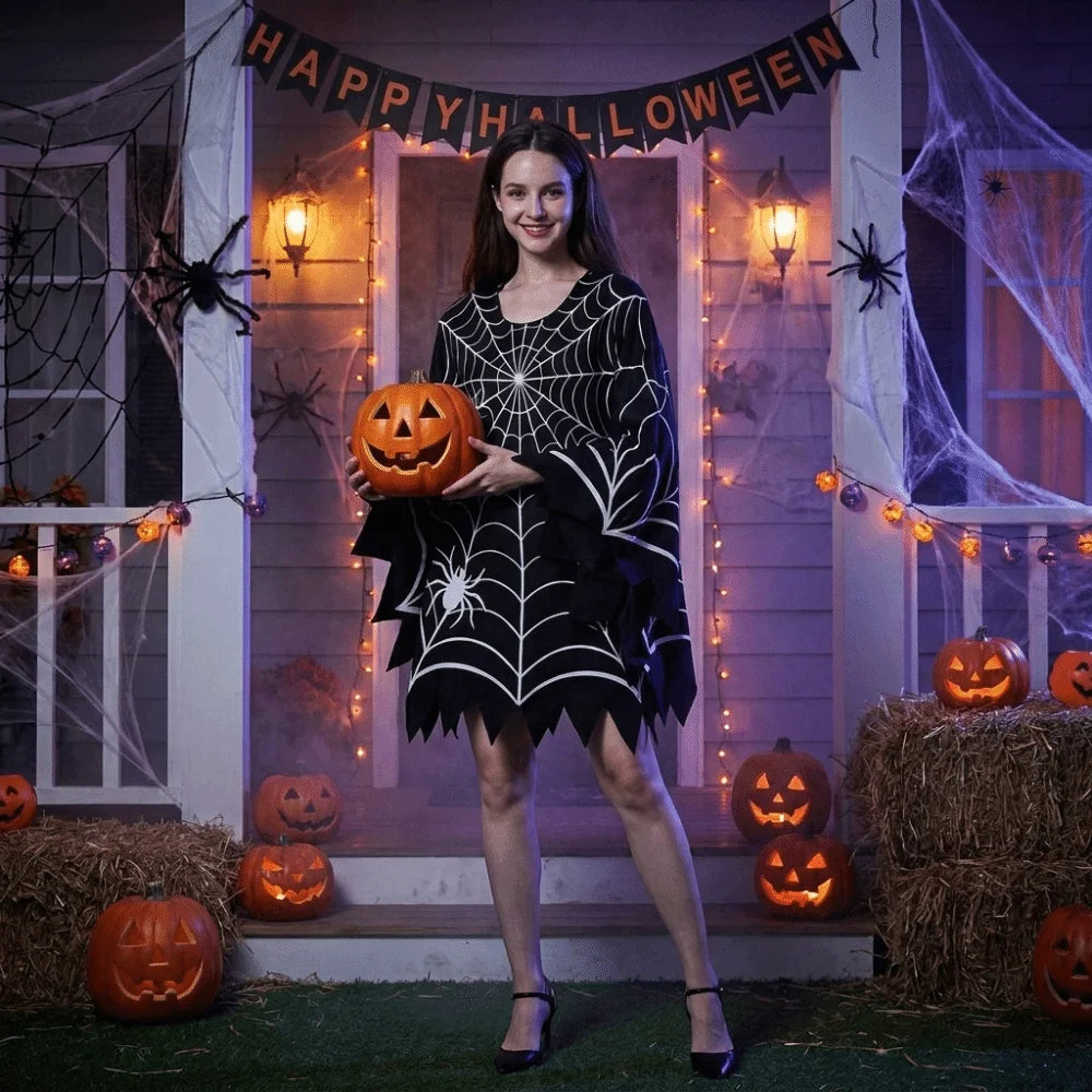 Multi-functional Scary Halloween Spider Web Cloak Creepy Black Shawl Poncho Cape Cosplay Party Costume Carnival Costume