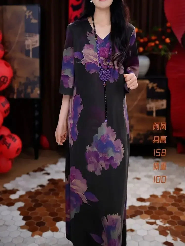 New Elegant Temperament V-neck Dress with New Style of Flesh Covering and Making It Look Thinner than the Knee A-line Skirt