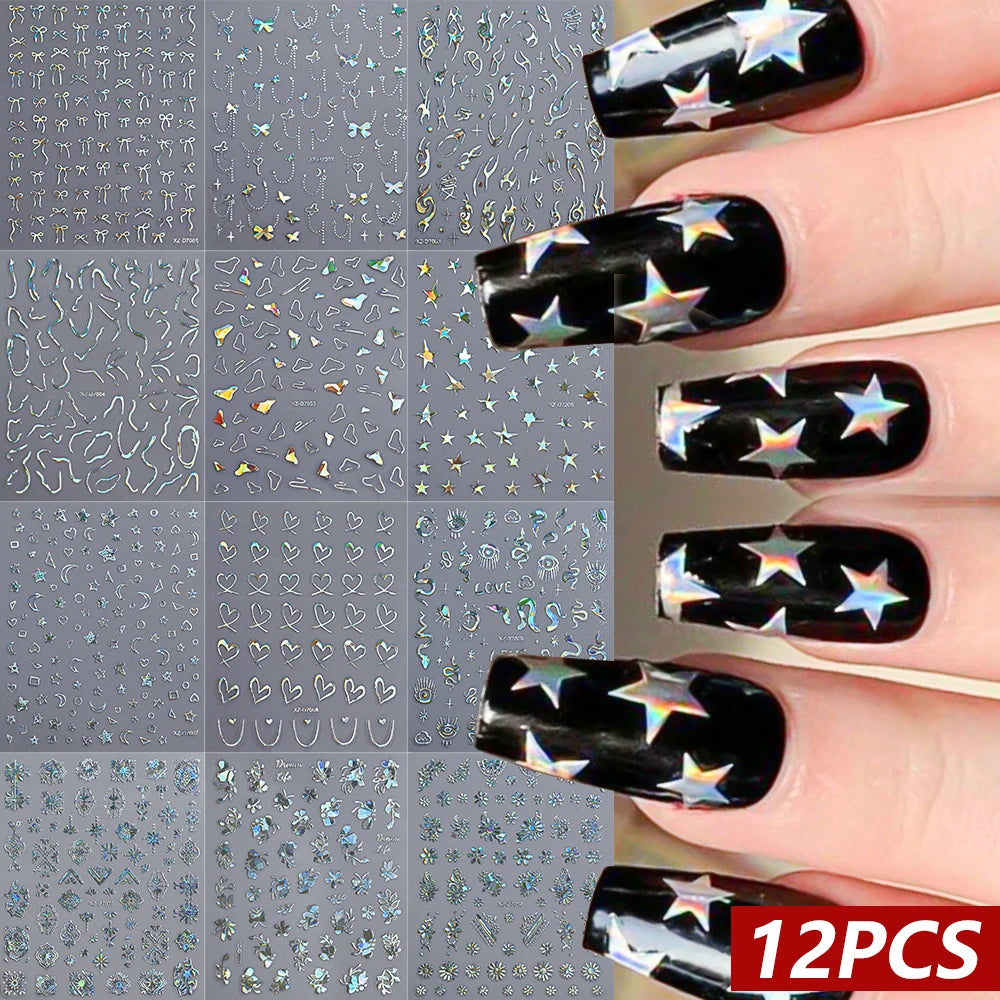 12Pcs 3D Laser Silver Star Heart Geometry Lines Nail Stickers Pentagram,Moon,Snake,Flower Slider Self-adhesive Manicure Decals＆