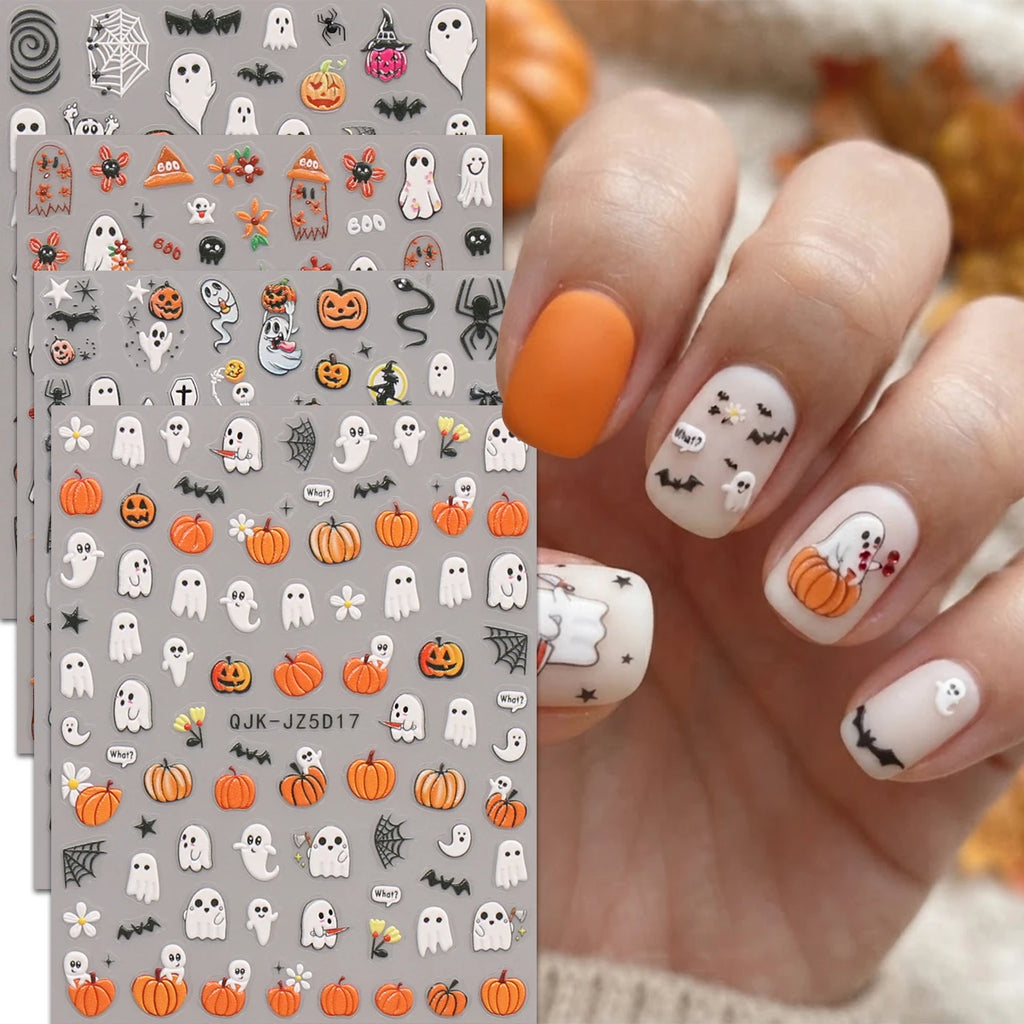 Halloween Day of the Dead 5D relief nail stickers, funny ghost pumpkin pattern nails, DIY art design nail artist supplies