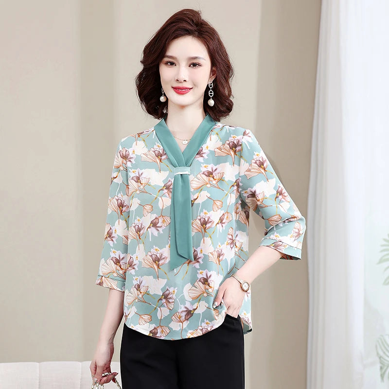 Fashion Printed Spring and Autumn shawl collar Women's Fashion Floral Checked Mid Sleeved Loose Chiffon Tops