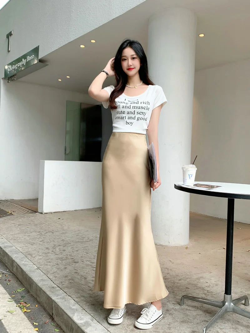 Woman 2025 Satin Skirt Women High Waist Long Skirts for Women Summer Black Midi Skirt Office Elegant Women's Skirts LSK9836