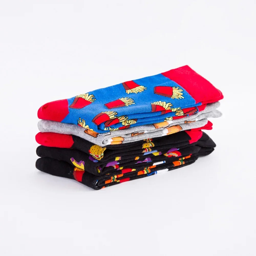 Colorful Hot Dog Hamburg Beer Pattern Novelty Crew Socks Men's Funny Food Kawaii Sokken Creative Casual Cotton Socks For Male