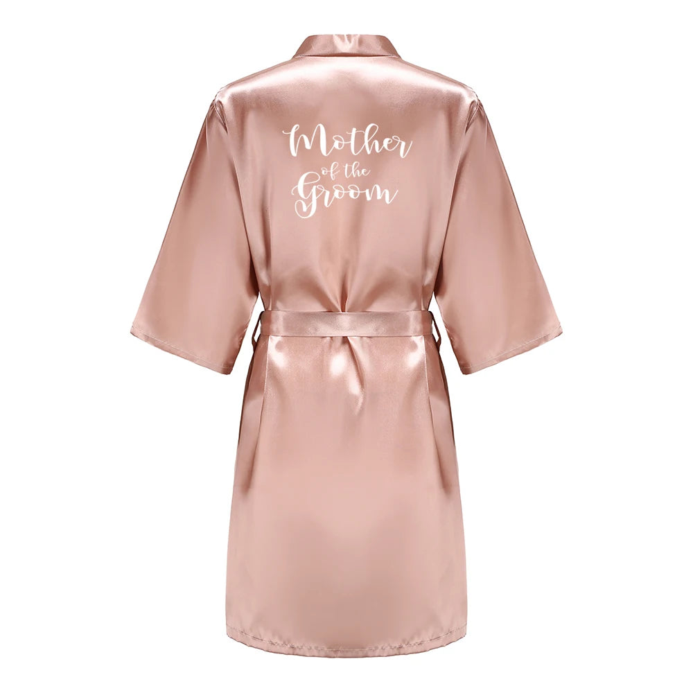 Women's Satin Kimono Robes With White Letter Bride Bridesmaid Short Getting Ready Wedding Dressing Gown