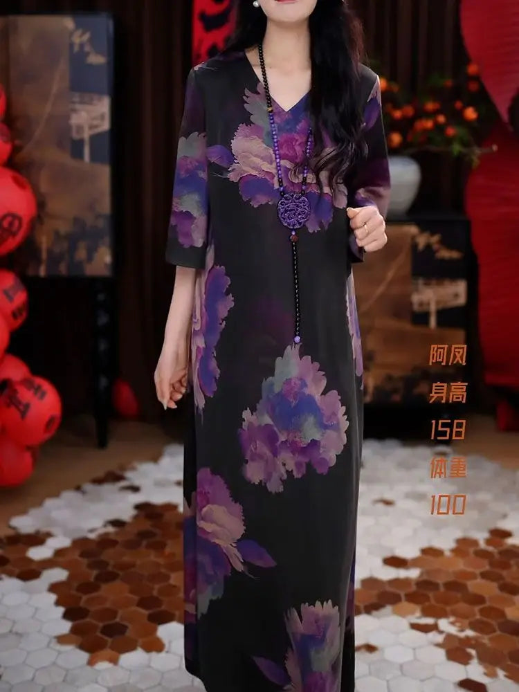 New Elegant Temperament V-neck Dress with New Style of Flesh Covering and Making It Look Thinner than the Knee A-line Skirt
