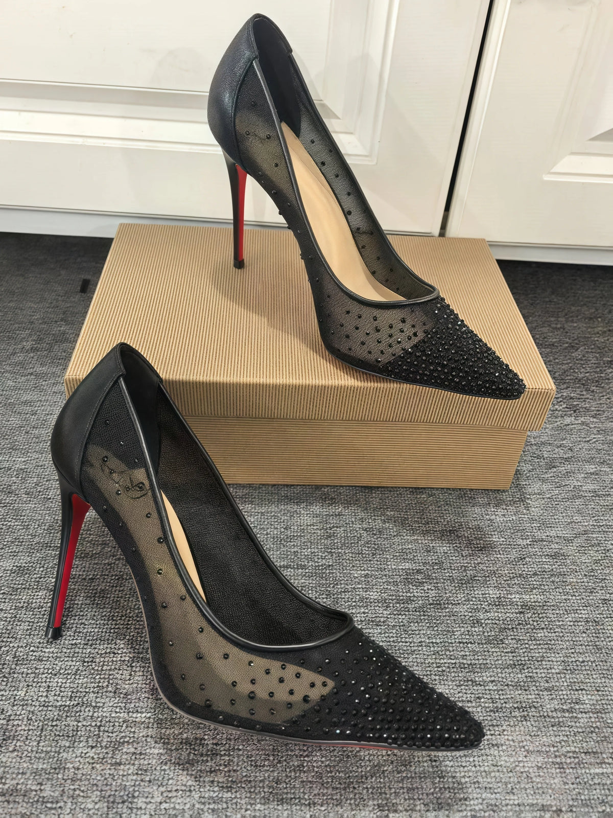 Round Dots Black Mesh Lace Women’s Pumps Pointed Toe Red Sole Single Shoes Female 8 10 12cm High Heels 35-42 size Zapatos Para