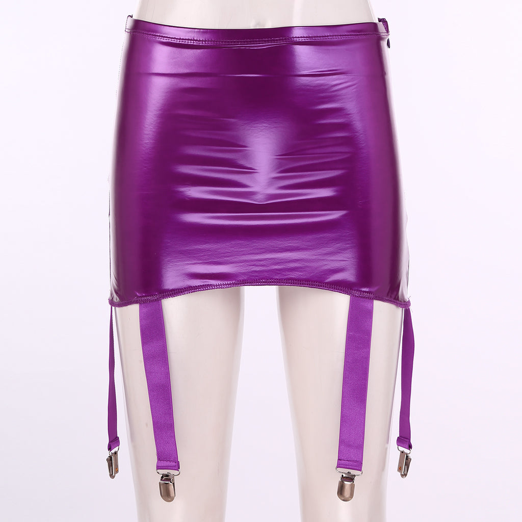 Sexy Women Wetlook PVC Leather Ruffled Skirts Party Low Waist Built-in Thongs Mini Skirt with Garter Belts Metal Clips Set Club