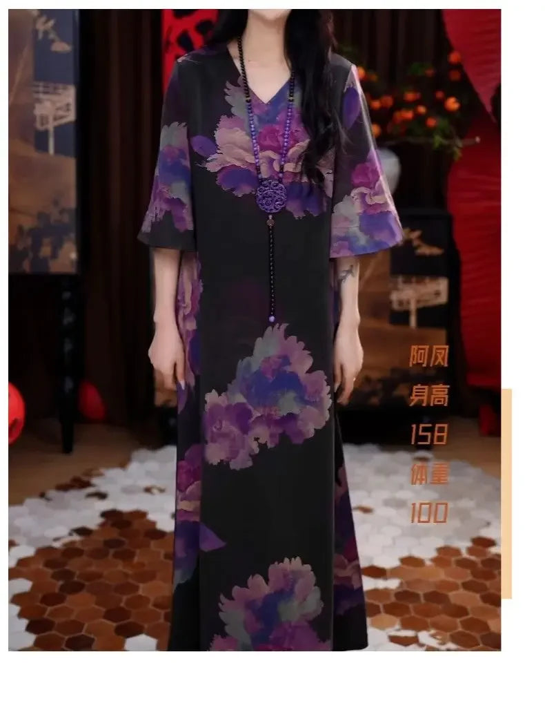 New Elegant Temperament V-neck Dress with New Style of Flesh Covering and Making It Look Thinner than the Knee A-line Skirt