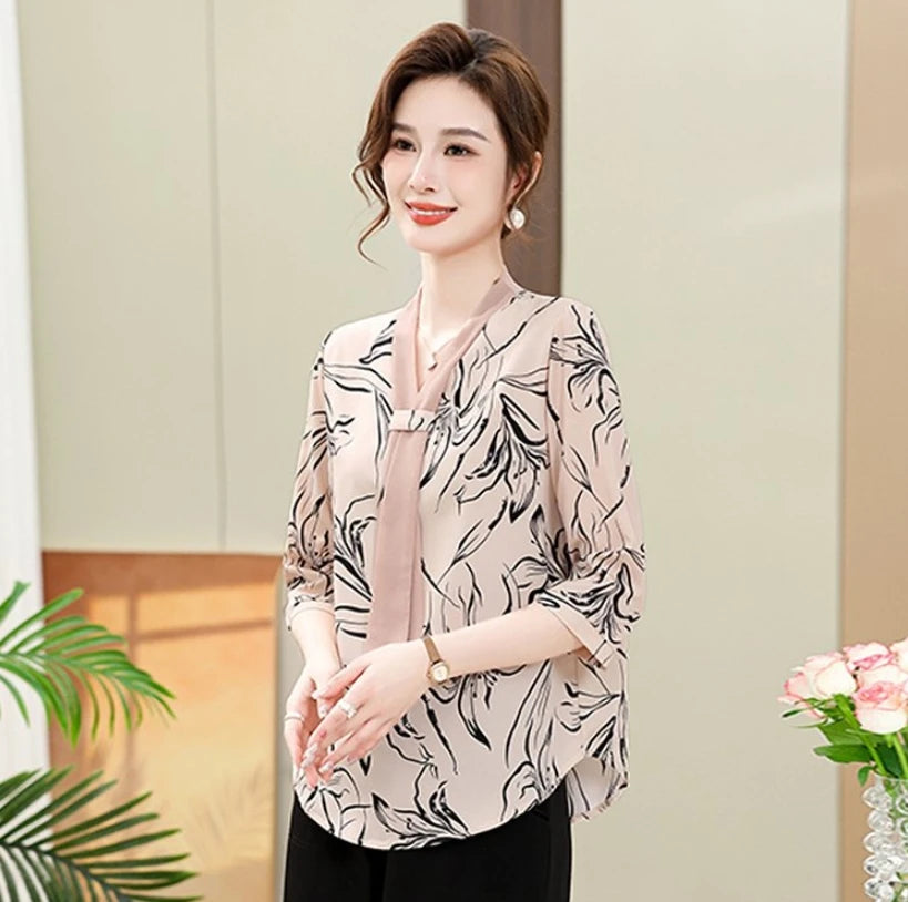 Fashion Printed Spring and Autumn shawl collar Women's Fashion Floral Checked Mid Sleeved Loose Chiffon Tops