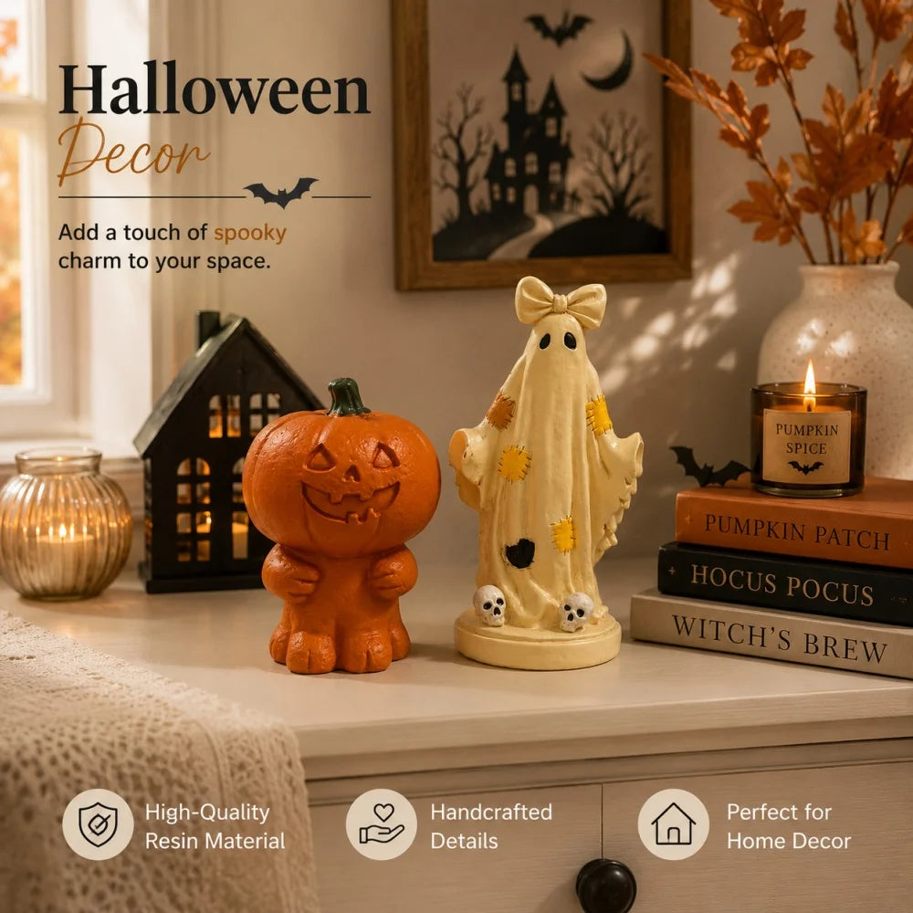 Halloween Pumpkin Man Ornament, Resin Trendy Collectible Figurine, Patchwork Ghost Desktop Decor for Home Holiday Party Decor