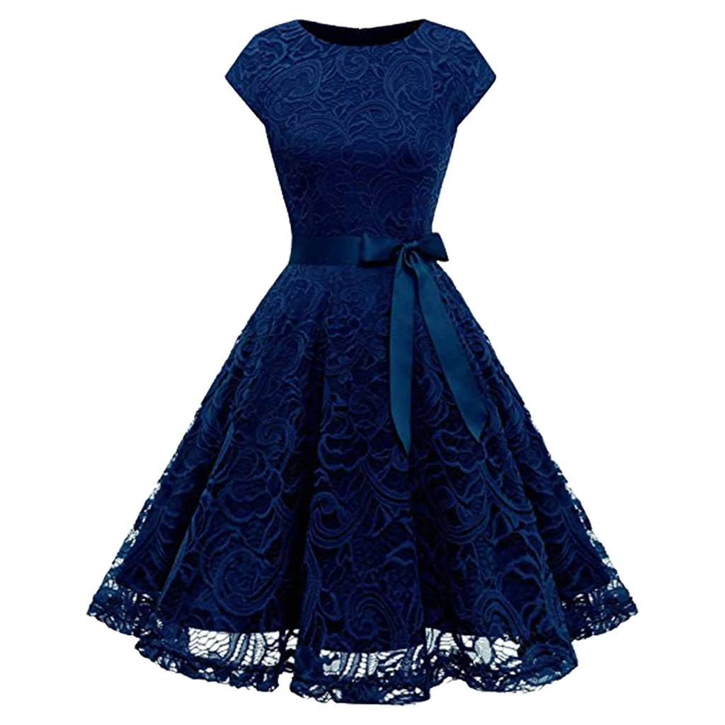 Women's Lace Party Dress Summer Short Sleeve O Neck Swing High Waist Bridesmaid Dress Bow Tie Formal Cocktail Swing A Line Dress