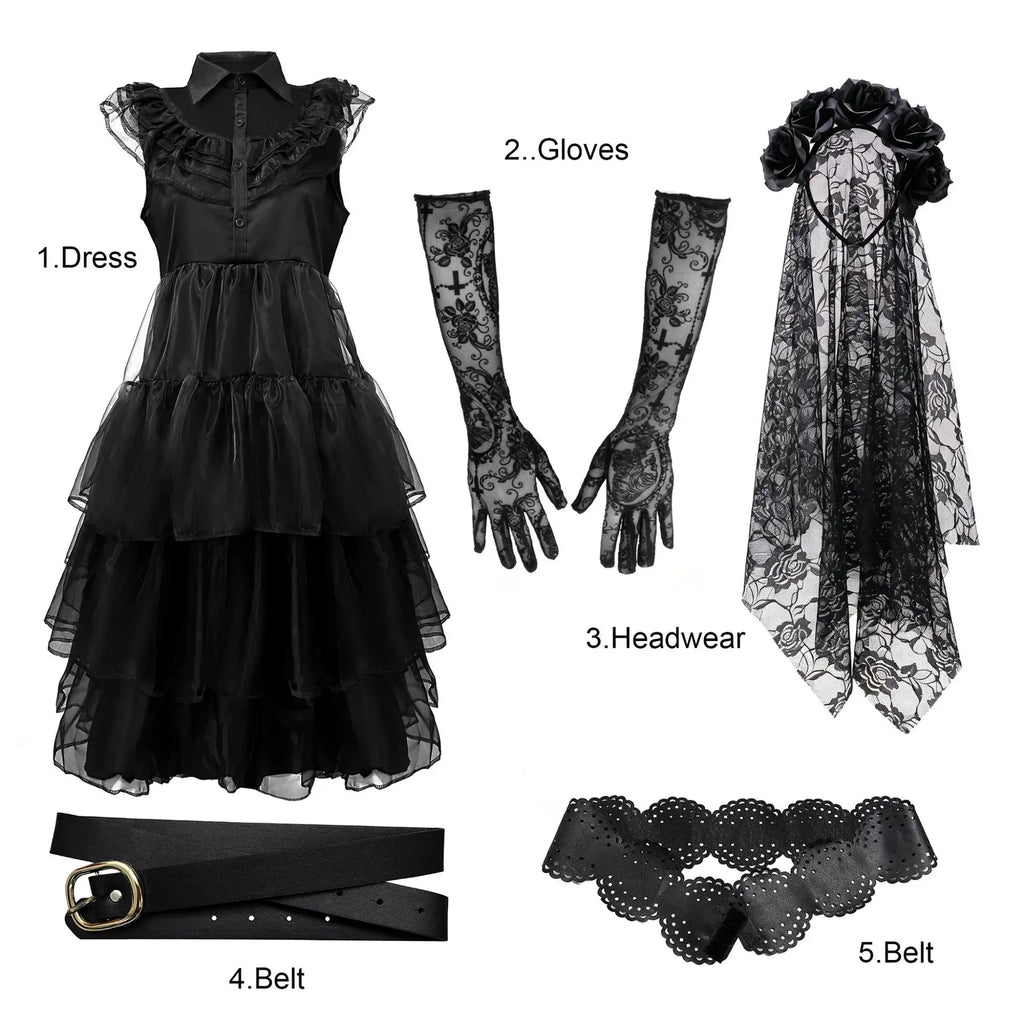 Halloween Zombie Costume Black Lace Ghost Bride Dress Scary Gothic Corpse Bride Outfit for Carnival Party Cosplay