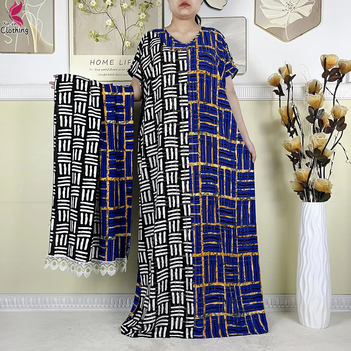 2025 New Summer Abaya Short Sleeve Dress With Big Scarf Printing Floral Loose Dress Islam Kaftan Women African Abaya Clothing