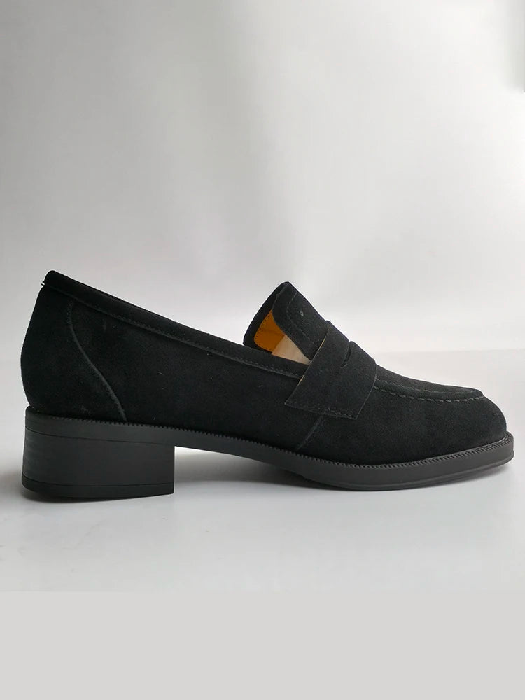 2025 NEW Trend Women Loafers Natural Suede Spring Autumn Ladies Low Block Heels Elegant Round Toe Black Brown Splicing Loafers