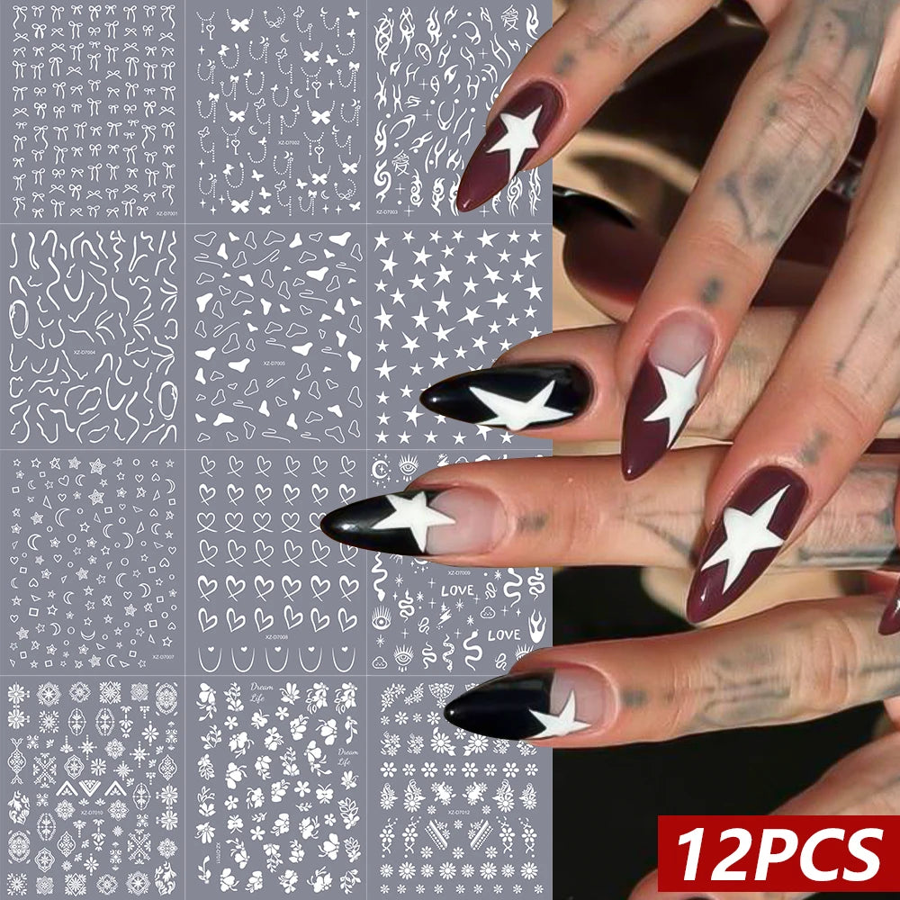12Pcs 3D Laser Silver Star Heart Geometry Lines Nail Stickers Pentagram,Moon,Snake,Flower Slider Self-adhesive Manicure Decals＆