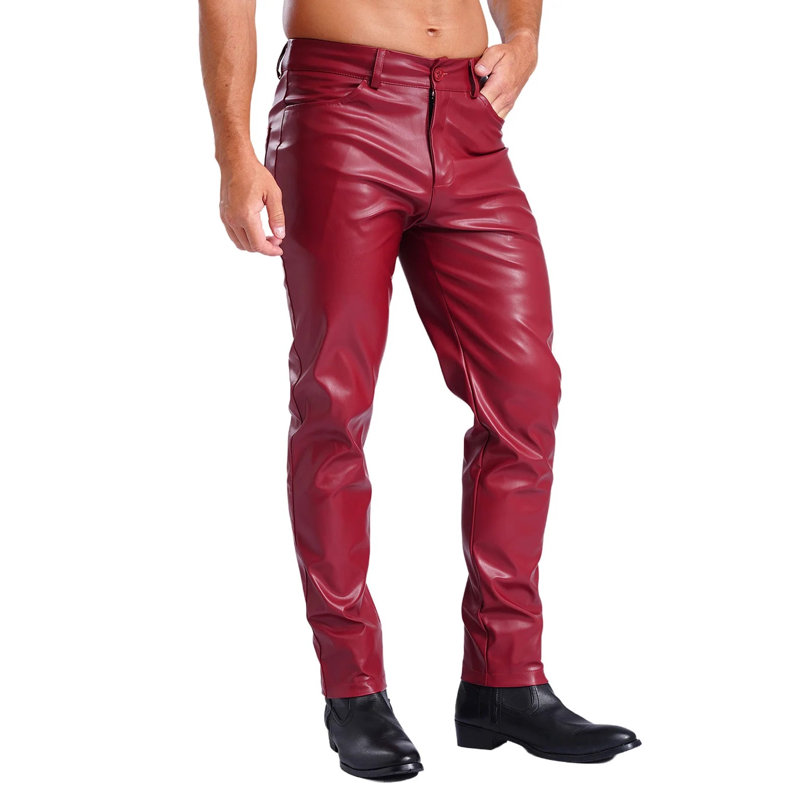 Mens Stylish Faux Leather Pants Pockets Halloween Costume Smooth Lining Straight Pants Tights Leggings Music Party Clothings