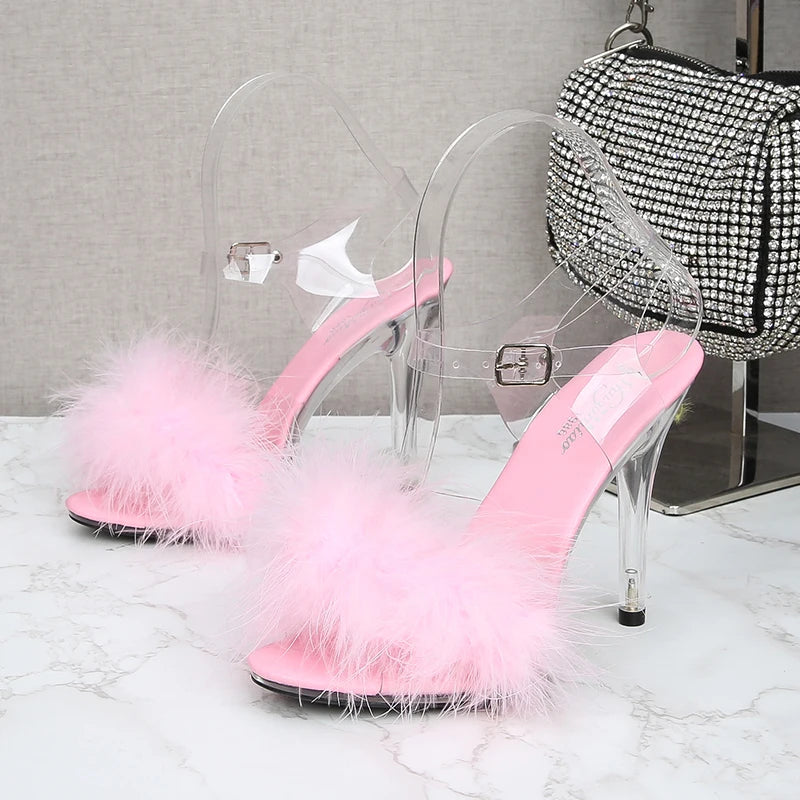 Feather Sandals Women Furry High Heels Ankle Plush Sandals Woman Transparent Heels With Fur Stripper Heeled Sandal Women Evening