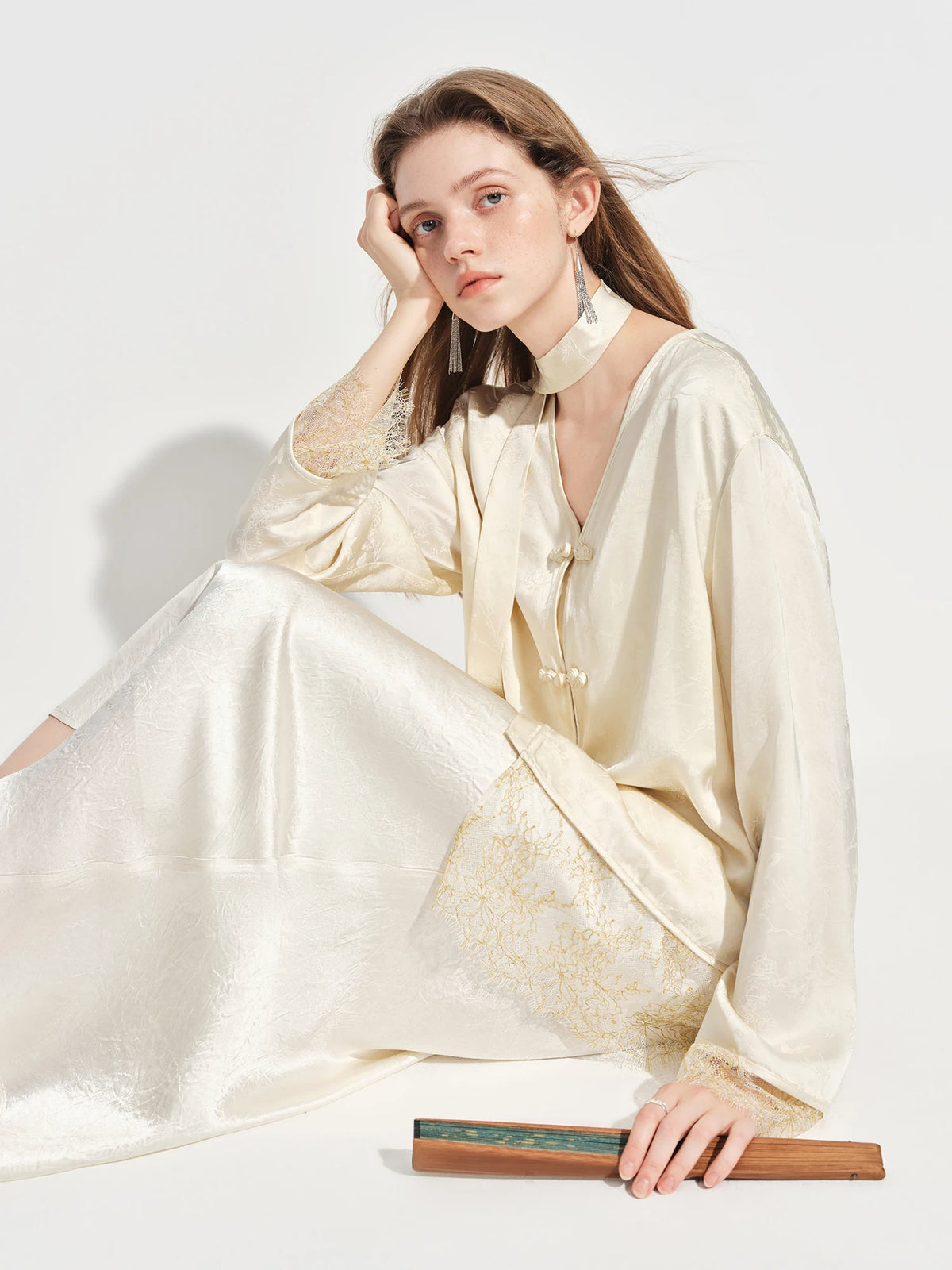 FSLE New Chinese-inspired Women's Satin Jacquard V-Neck Blazer Button Closure Acetate Fabric Sash Blouse Spring 2026 New Arrival